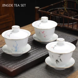 Chinese Dehua Ceramic Gaiwan with Cover Teacup Mutton Fat Jade White Porcelain Tea Bowl Household Tea Set Hand Grab Pot 170ml