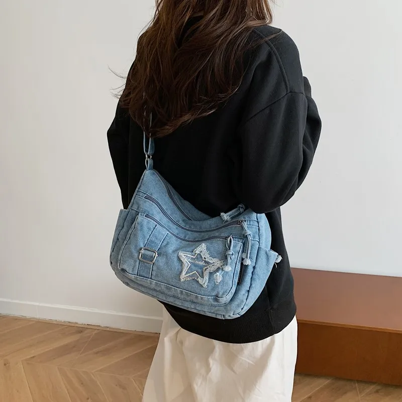 

Denim Women's Bag Star Decor Shoulder Bag Jean Messenger Bag Y2K Eco Bag Korean Shopper Cowboy Handbag Vintage Hobo Student Tote