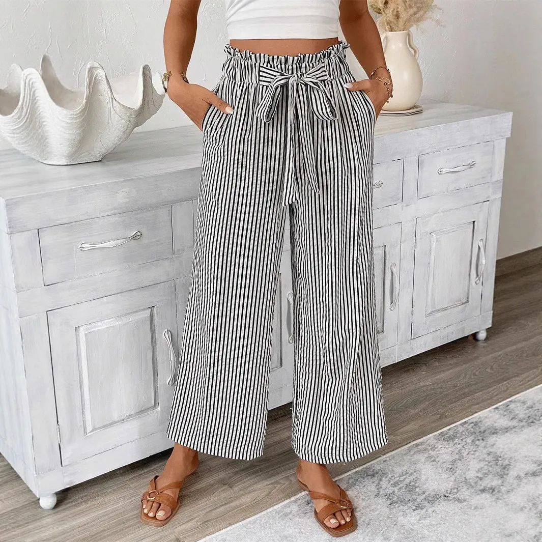Summer Women Pants Striped Loose Fit Trousers High Waist Paperbag Waist Casual Pants Black And White Striped Straight Leg Pants - view 5
