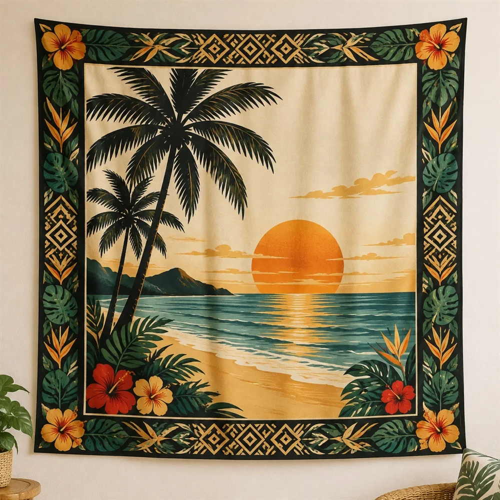 VIKAMA Palm Beach Sunset Border Frame Tapestry Wall Hanging, Tropical Wall Decor Tapestries for Kitchen Dining Room Living Room