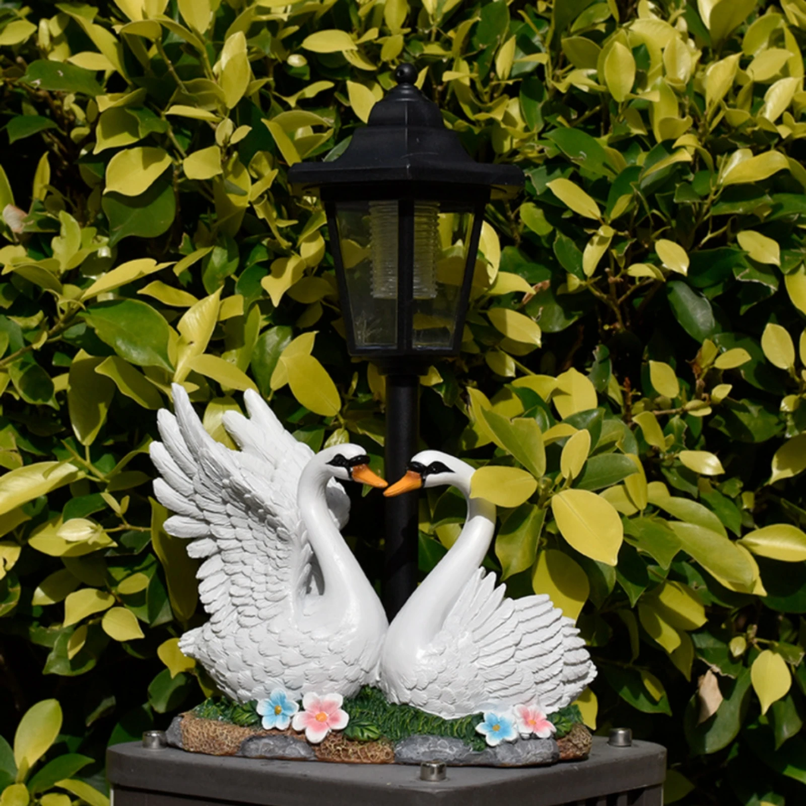 Solar Garden Lantern Resin Hexagonal Lantern Ornament Yard Decor Clear Panels Outdoor Statue Classic Lamp Shape for Patio