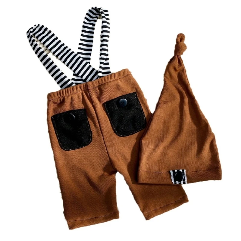 Q0KB Stylish and Comfortable Newborns Striped Pants & Matching Hat Baby Photography Overalls Perfect for Baby Photoshoots