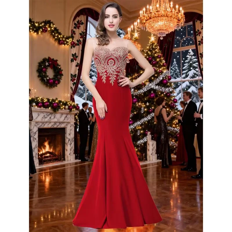 

Классические вечерние платья русалки с золотыми аппликациями, иллюзия, милое кружево, женские вечерние платья на Рождество и вечеринку CPS262