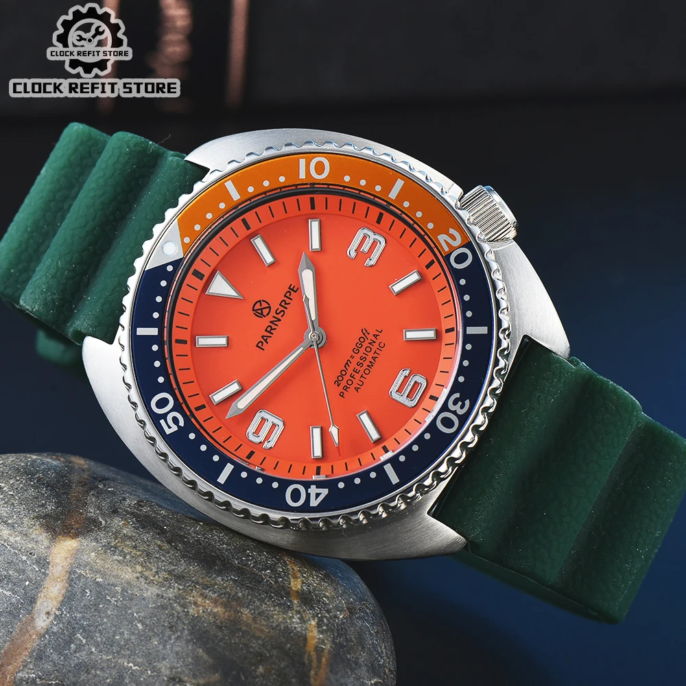 

Parnsrpe - 45mm Orange Big Abalone Brushed Stainless Steel Men's Watch NH35 Sapphire Waterproof Case Green Lightweight Strap