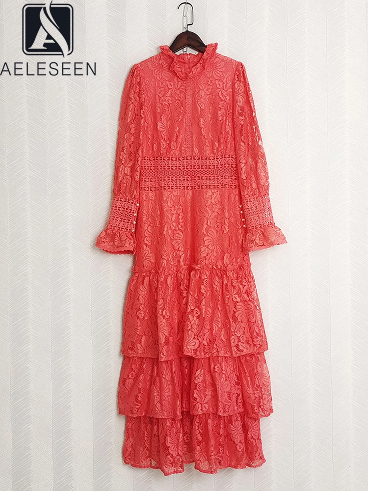 

AELESEEN Runway Fashion Women Dress Spring Summer High Quality Ruffled Pearls Flower Embroidery Elegant Maxi Party Vacation