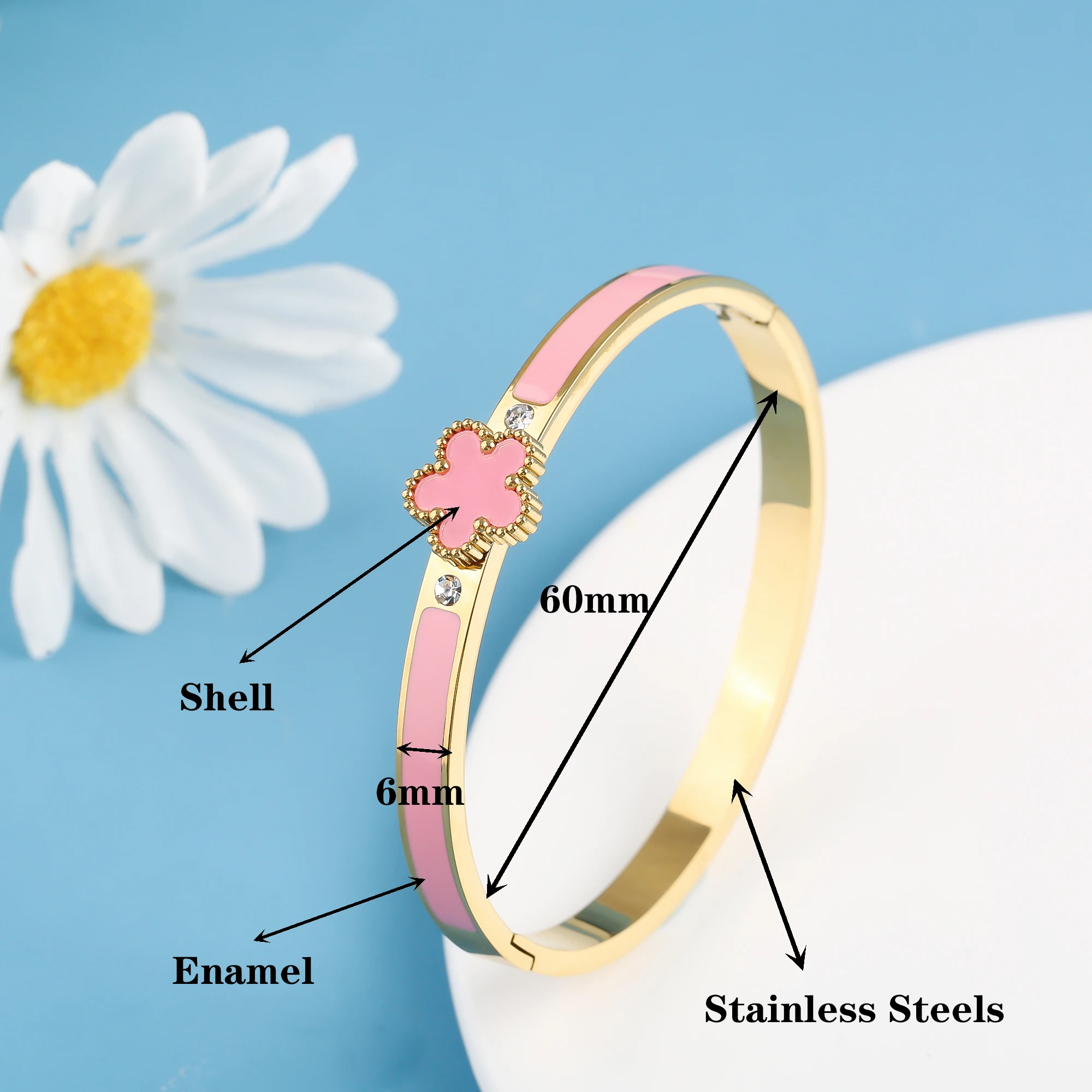 Light Luxury Gold Plated Stainless Steel Five Leaf Flower Open Bangle For Female Male Aesthetic Lucky Jewelry Accessories Clover