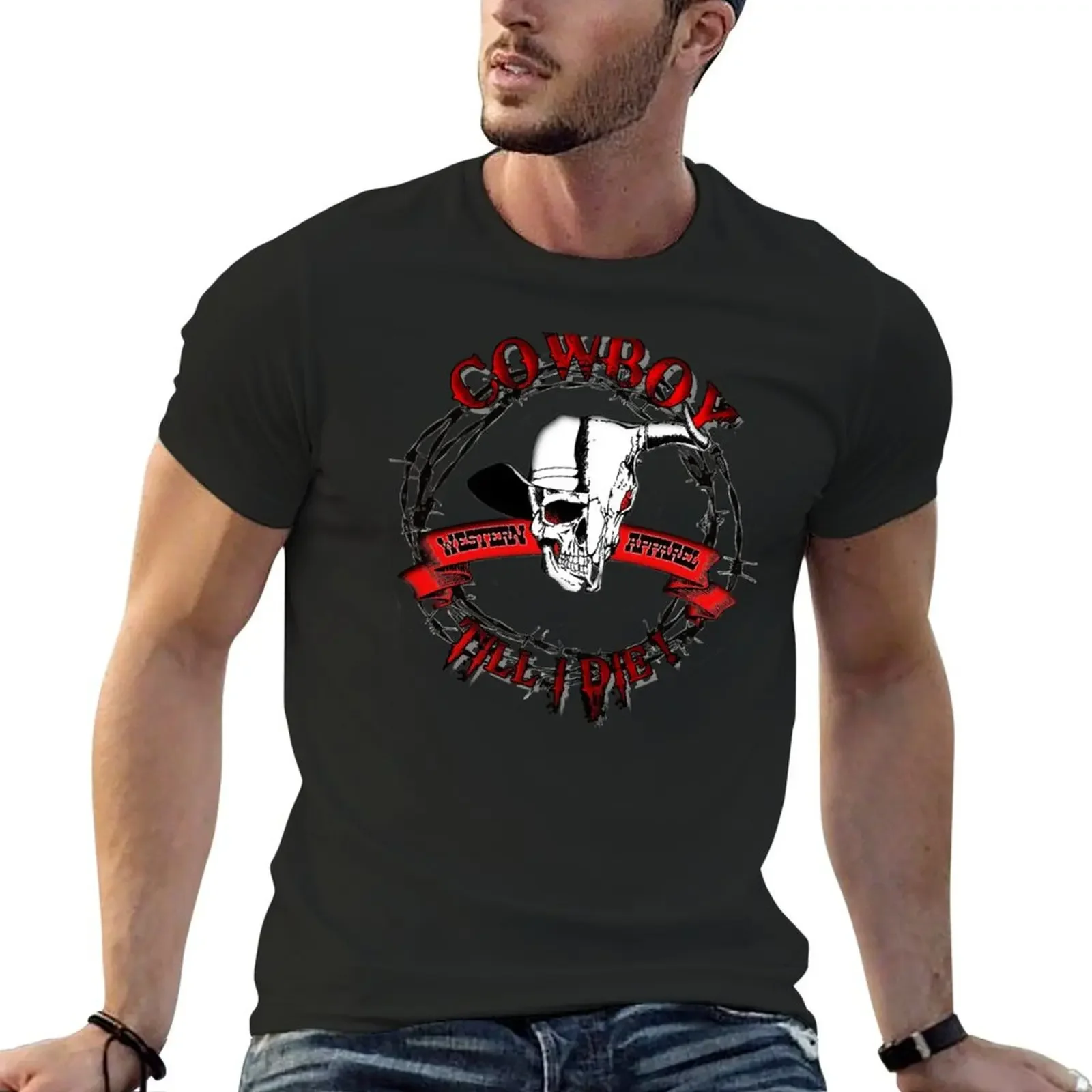 COWBOY TILL I DIE - barbwire T-Shirt custom shirt customs design your own plus size men clothing