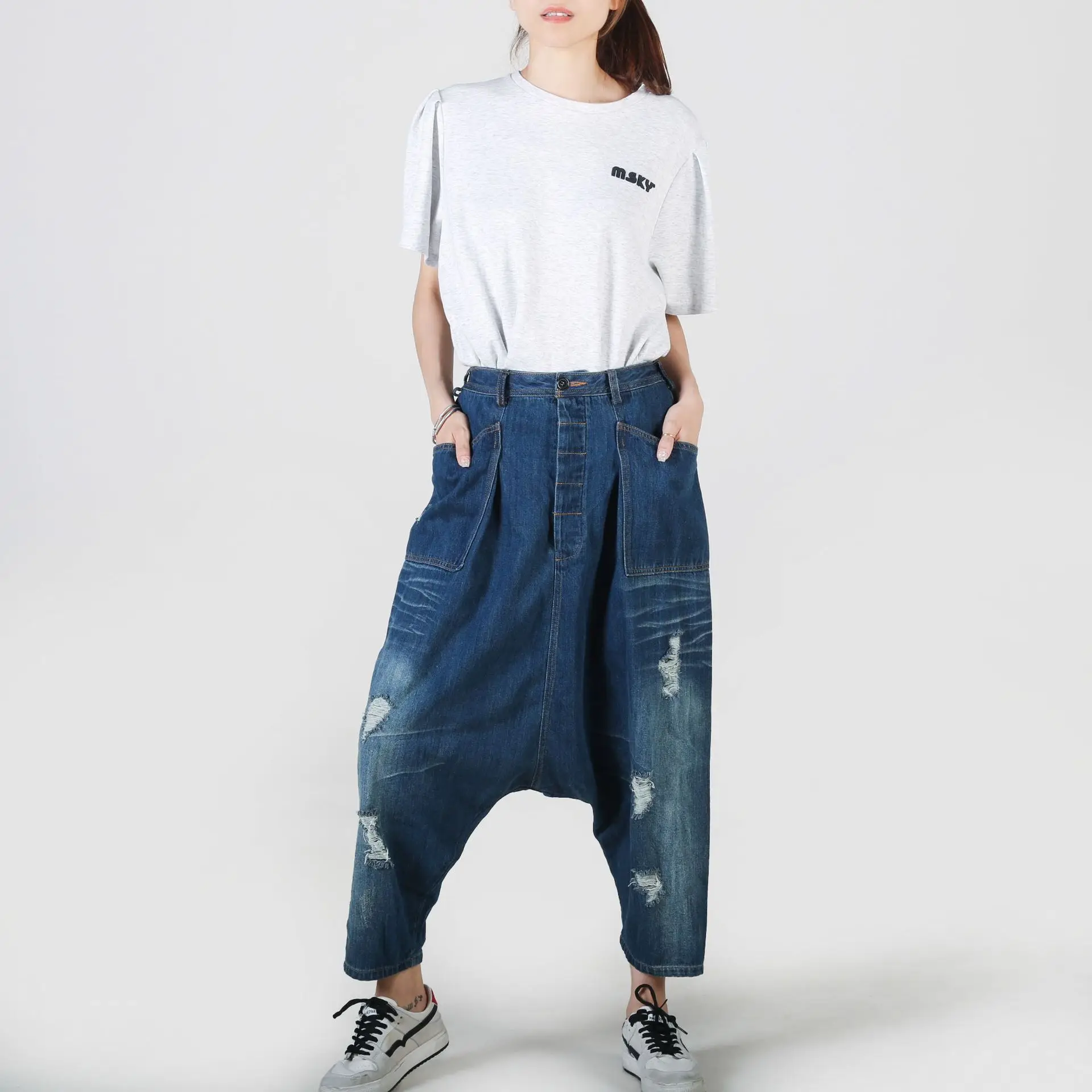 Spodnie damskie TIYIHAILEY, jeansy denimowe, spodnie typu haremki, spodnie damskie z dziurami w stylu high street, elastyczny pas, wysokiej jakości moda, 2025