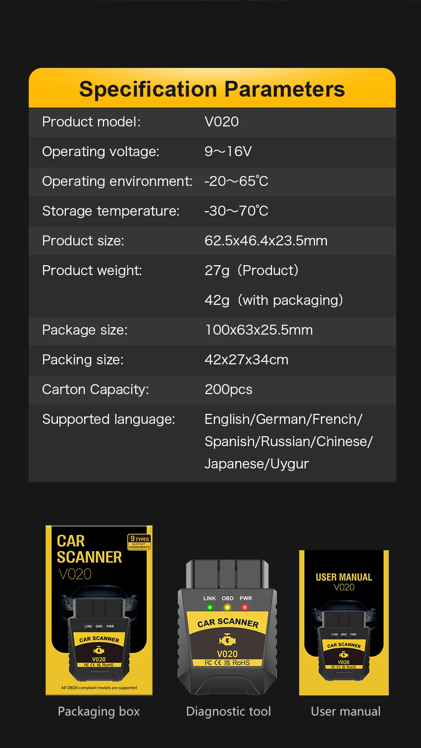 

Support for Android /Window / IOS V020 ELM327 BLE Bluetooth 4.0 OBD-II Diagnostic Code Readers & Scan Tool for universal cars