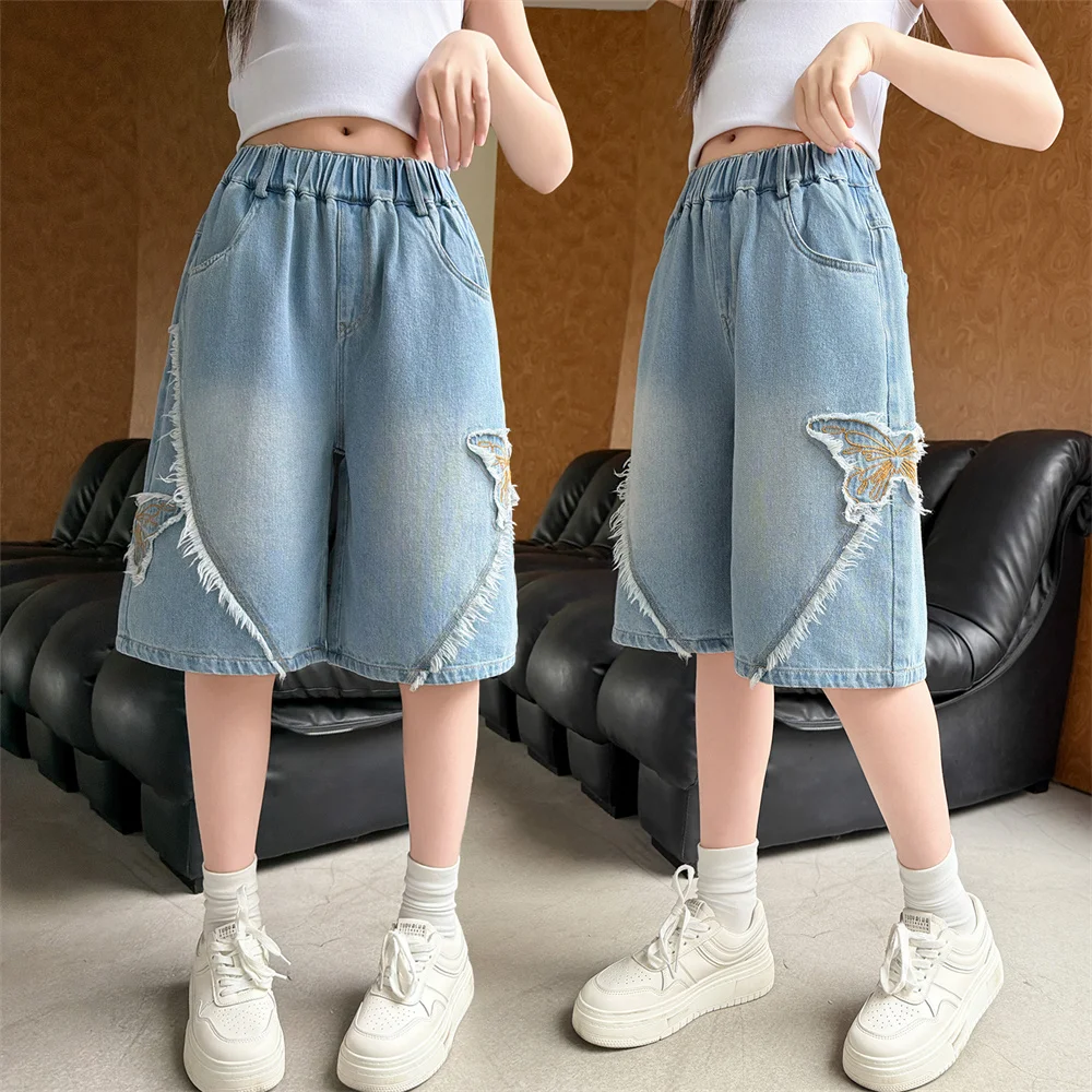

New Summer Kids Fashion Knee-Length Denim Shorts with Butterfly for Teen Girls Elegant Straight Leg Jeans Shorts Children Capris