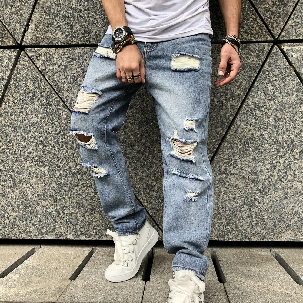 Stylish Simple Men Ripped Straight Loose Jeans For Men Casual Denim Pants Male Streetwear Trousers