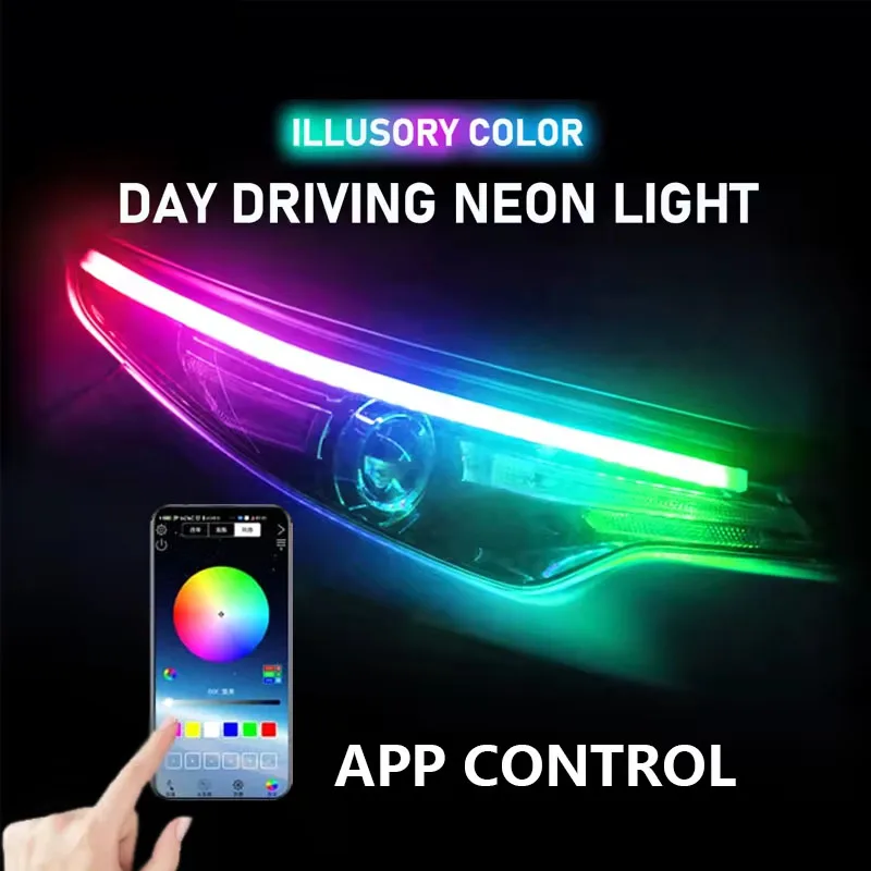 2Pcs DRL Car LED Daytime Running Light APP Control Flexible Super Bright 12V RGB Flowing Turn Signal Headlight Decorative Lamp