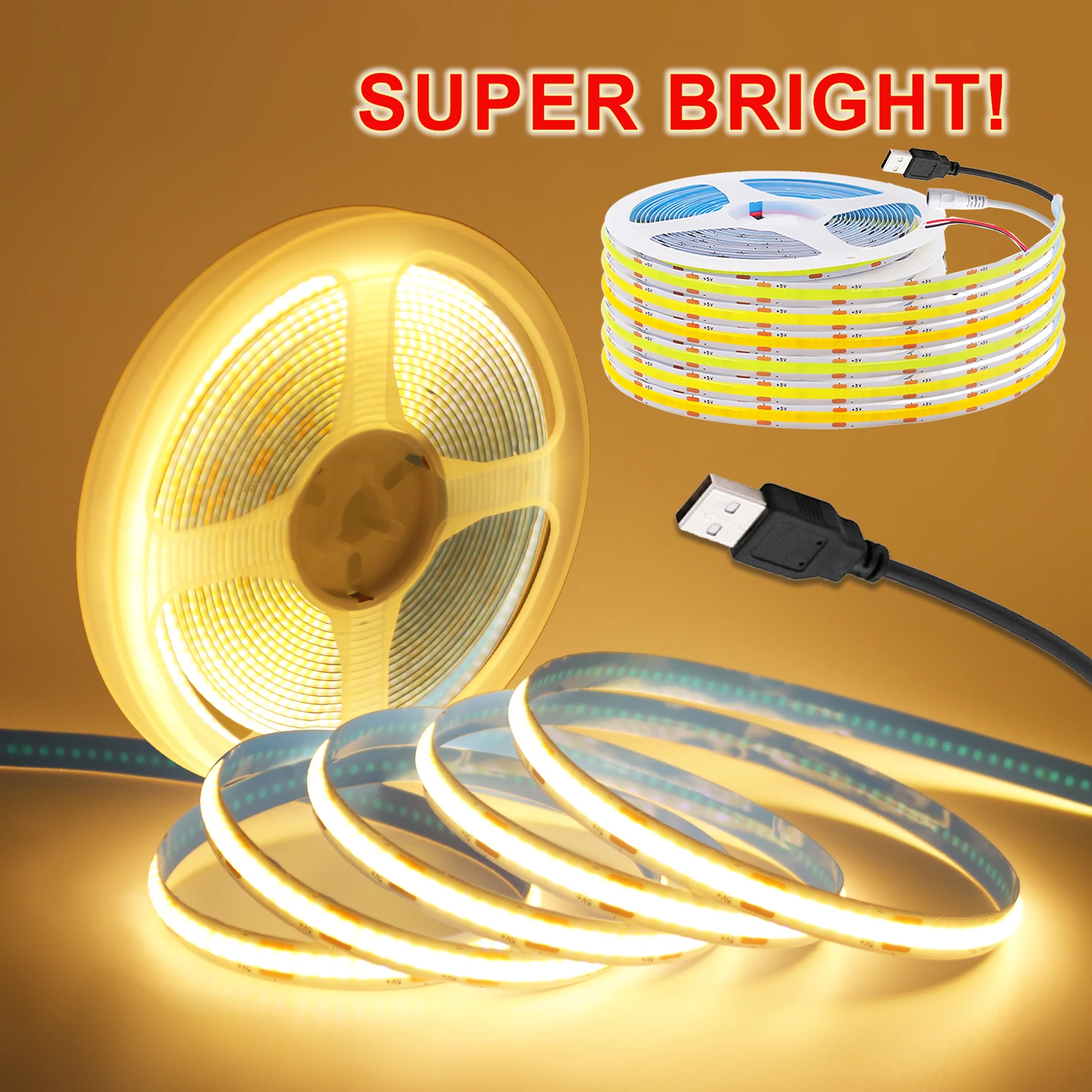 

5V COB Strip With USB / DC / 2PIN 320Leds 8MM White 3000K 4000K 6000K Home Decor Cabinet Lamp Flexible Ribbon Rope LED Light