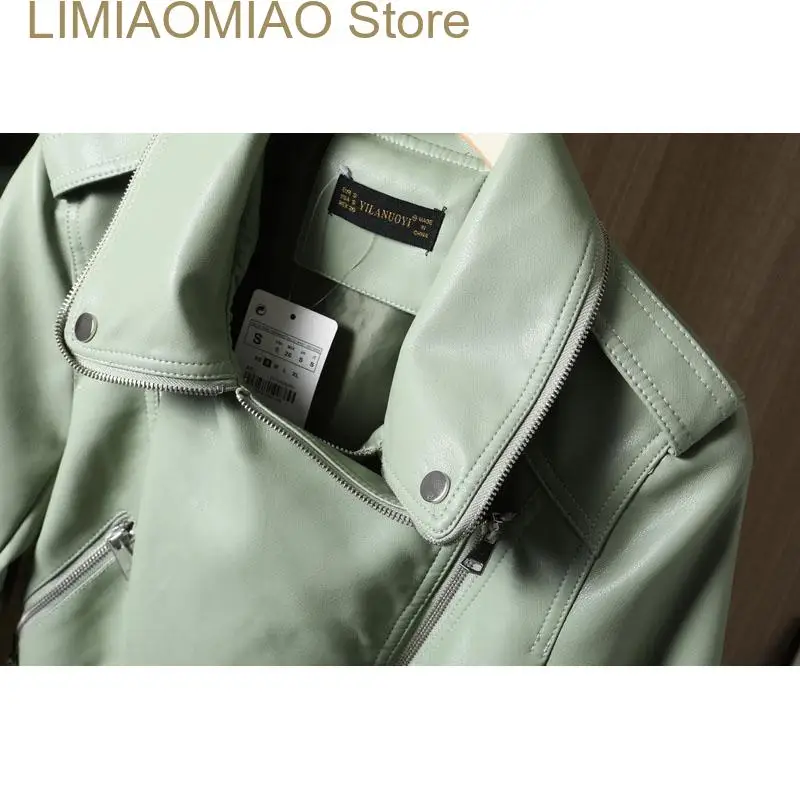 new Faux Leather Jacket Rivet Waist Buckle Spring Slim Long sleeve Biker Jacket Streetwear Beige Green Korean Short Coat