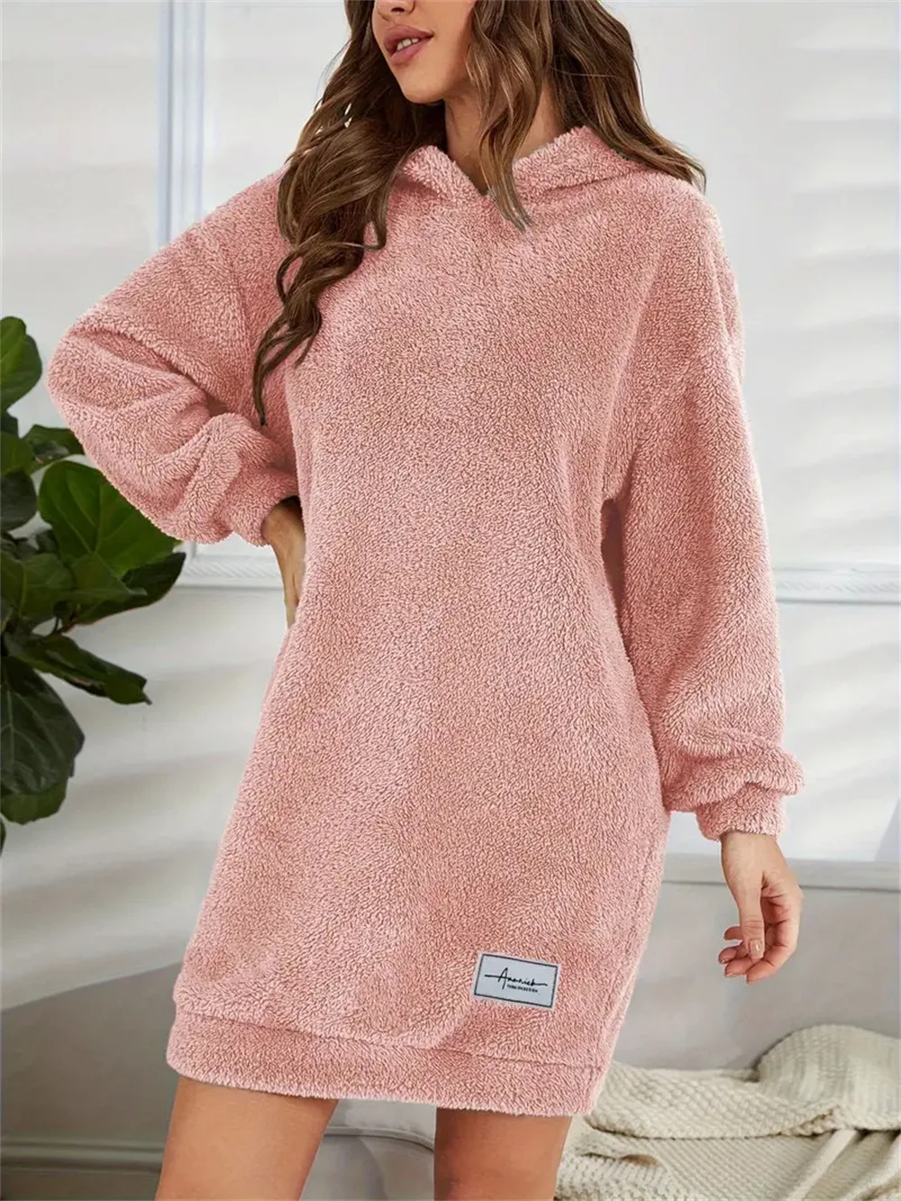 Casual Furry Hooded Long Sleeve Dresses Streetwear Warm Hoodies Dress For Women Autumn Winter Loose Fit Fleece Short Dresses