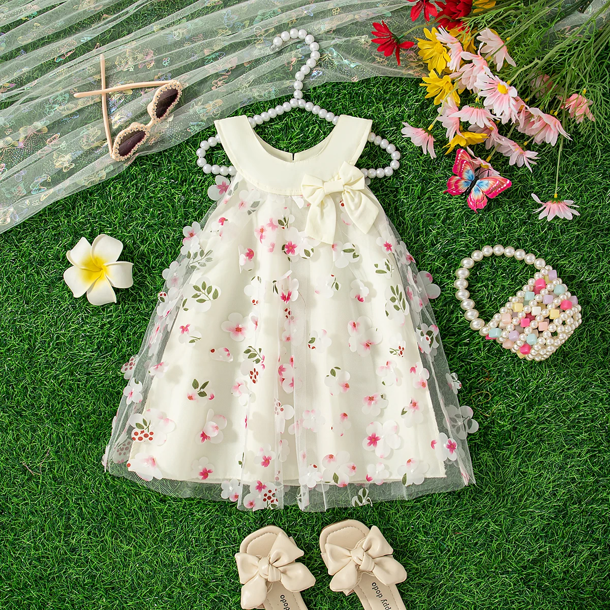 (0-3 Years) New Summer Girls Dress Halter Floral Floral Mesh Bow Round Neck Sweet Princess Dress Birthday Party Party Dress