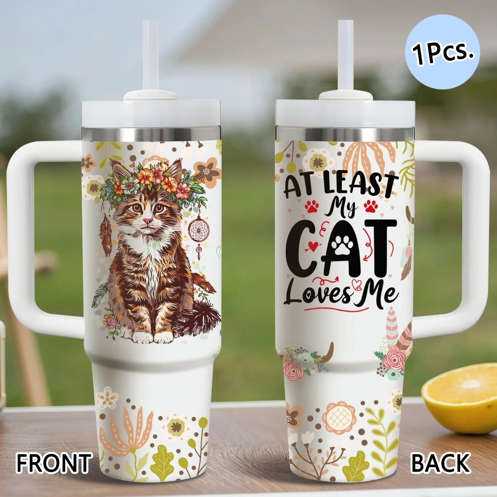

Floral cat Painting Vacuum Flasks 40oz Thermal Stainless Steel Tumbler with Handle Straw Leakproof Mug