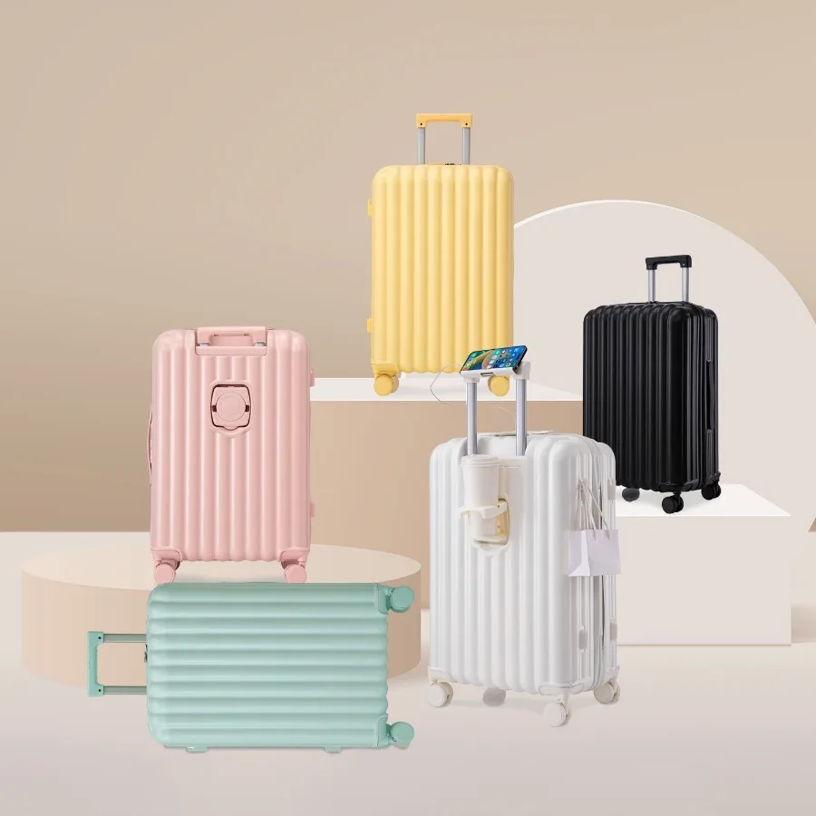 ABS Spinner Wheel Luggage Carry on Suitcase with Cup Holder USB Port Phone Holder 20 24 28