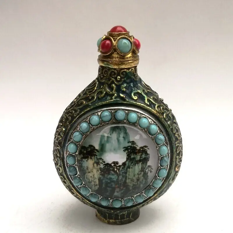 Collection Old Chinese Bronze Hand inlay Painting landscape Snuff Bottle