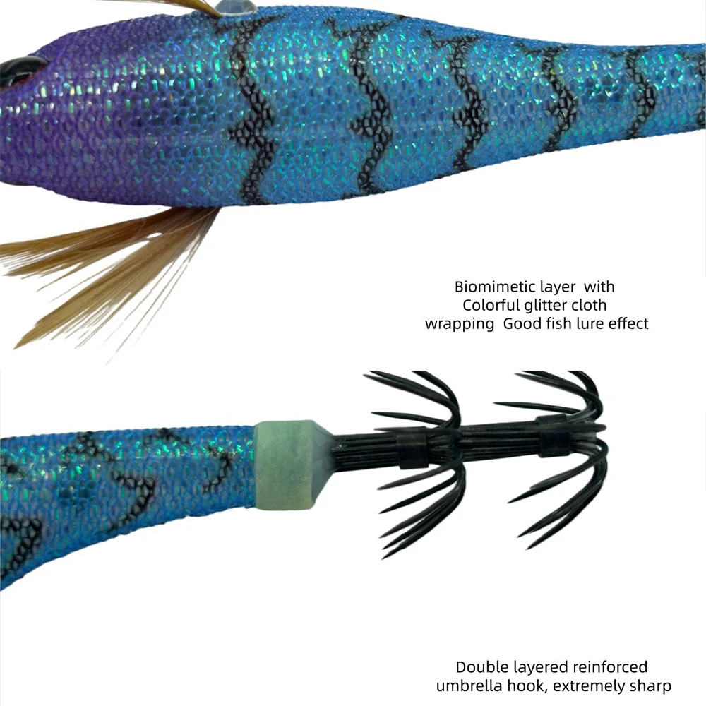 7.6g 9.6cm UV Horizontal Wooden Shrimp Squid Hook Jigging Lure Slow Sinking Bait with Rattle Beads For Octopus Cuttlefish view 4
