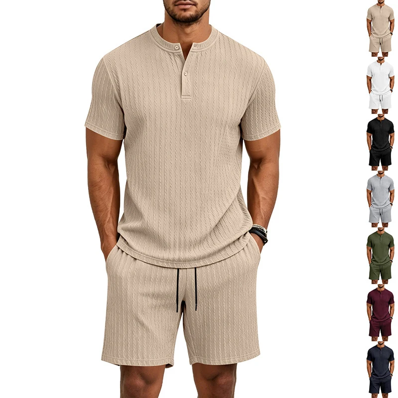 

American retro hawaiian set, jacquard stretch knit, loose henley short sleeve and shorts, men summer casual outfit