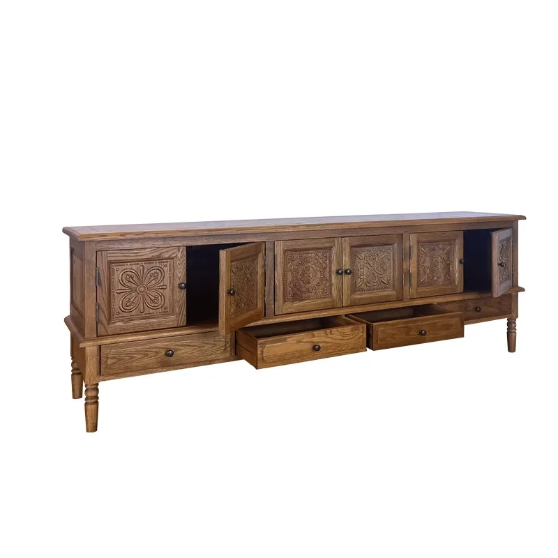 American country solid wood carving flower TV cabinet combination retro pastoral oak living room storage cabinet B & B long floo