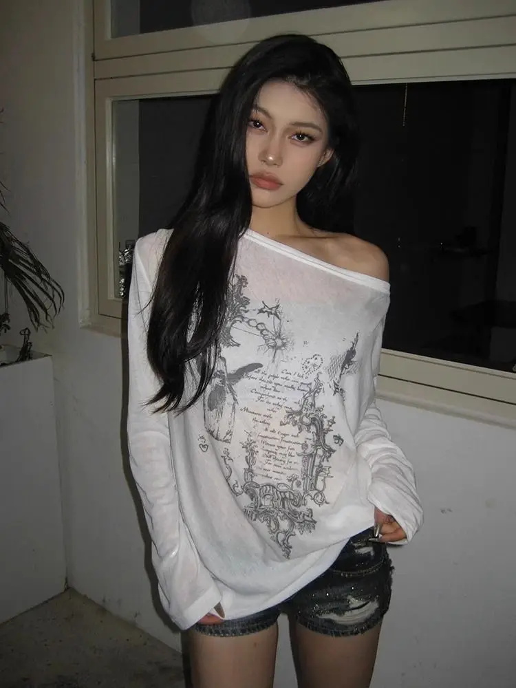 Deeptown Korean Fashion Graphic Tees Women Transparent Vintage Gothic T Shirt Long Sleeve Loose Punk T-shirt Streetwear Tops