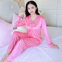 Dames Pyjama Sets Big Size 4xl Nachtkleding Zijde Satijn Lente Herfst Homewear Dames Pijama Mujer 2 Stuce Pjs Nachtkleding