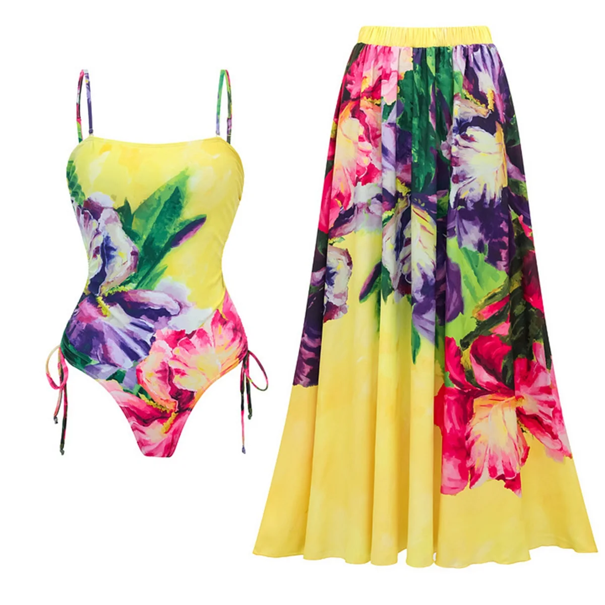 2-teiliger Blumen-Badeanzug 2026 Bandeau Biquini Sexy Bikini Damen Gelber Badeanzug mit Langem Rock Schwimmanzug Damen-Badeanzug Strandkleidung