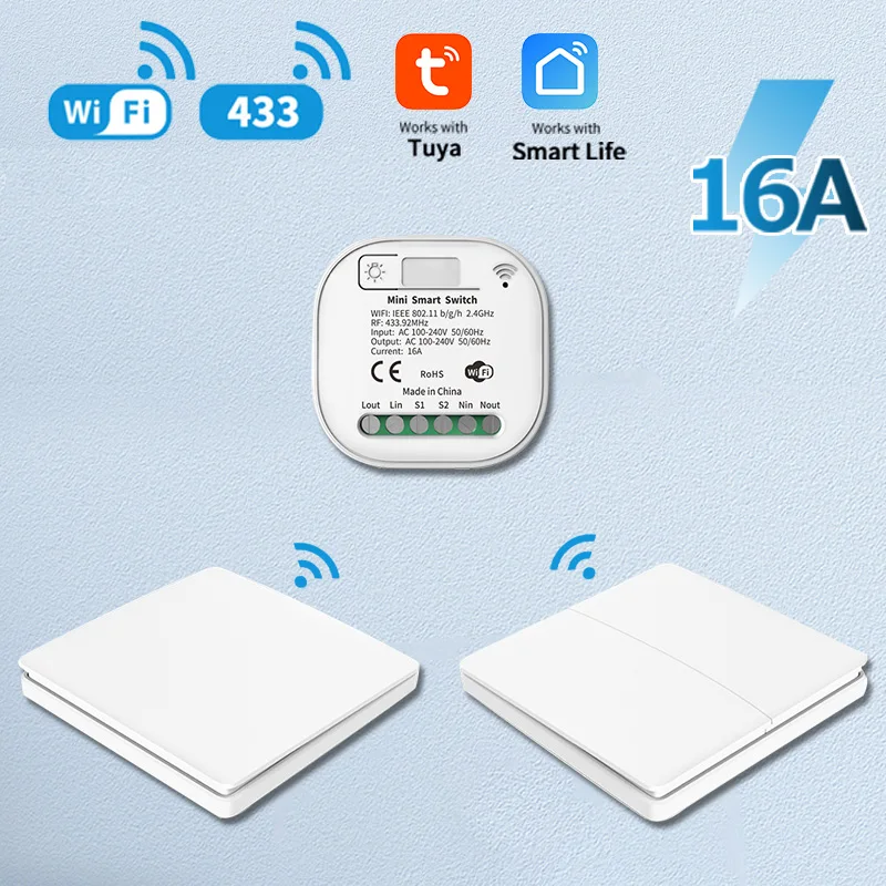 16A WIFI Switch Smart Home RF433MHZ Tuya App Remote Control Smart Timer Switch No Battery Lamp Switch Work For Alexa Google Home