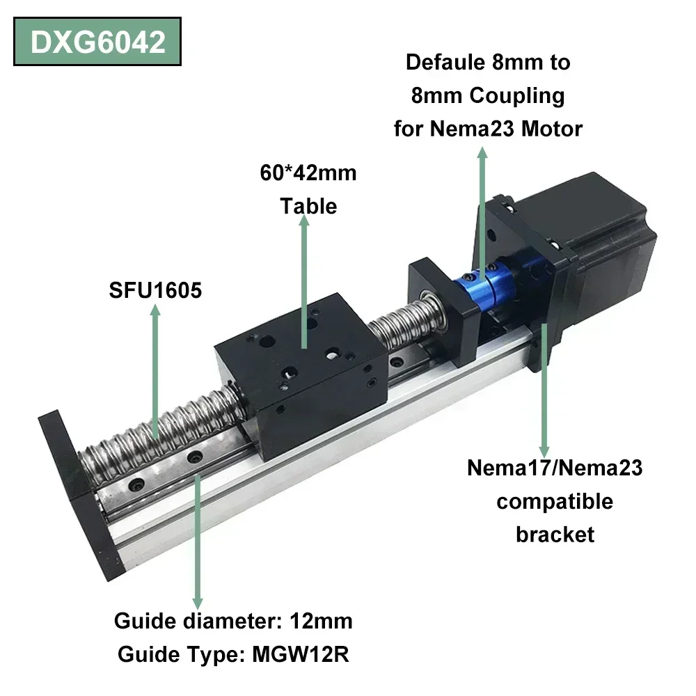 CNC 리니어 가이드 레일 테이블 키트 슬라이딩 테이블 60mm 너비 레일 볼 스크류 모션 스테이지 단일 축 Nema23 57 스테퍼 모터용
