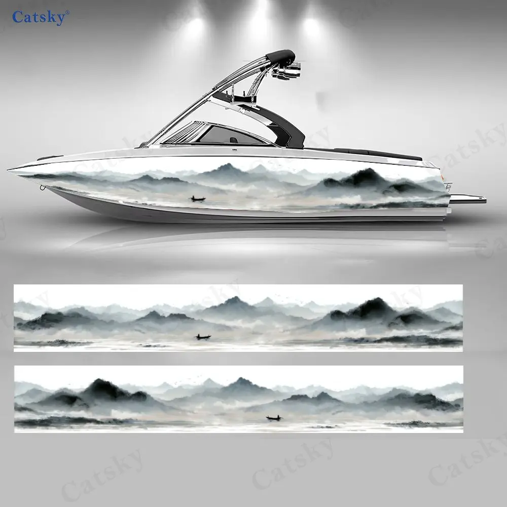 

Наклейка на лодку «Туманные горы и одинокая лодка» в стиле туши, водонепроницаемые виниловые наклейки из ПВХ для рыболовных лодок, прочный и стильный дизайн