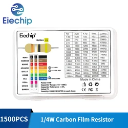 Kit de resistencias de película de carbono, juego de resistencias con caja de 1/4W, 75 valores, 1ohm ~ 10m, 1500 piezas, 0,25 W, envío gratis