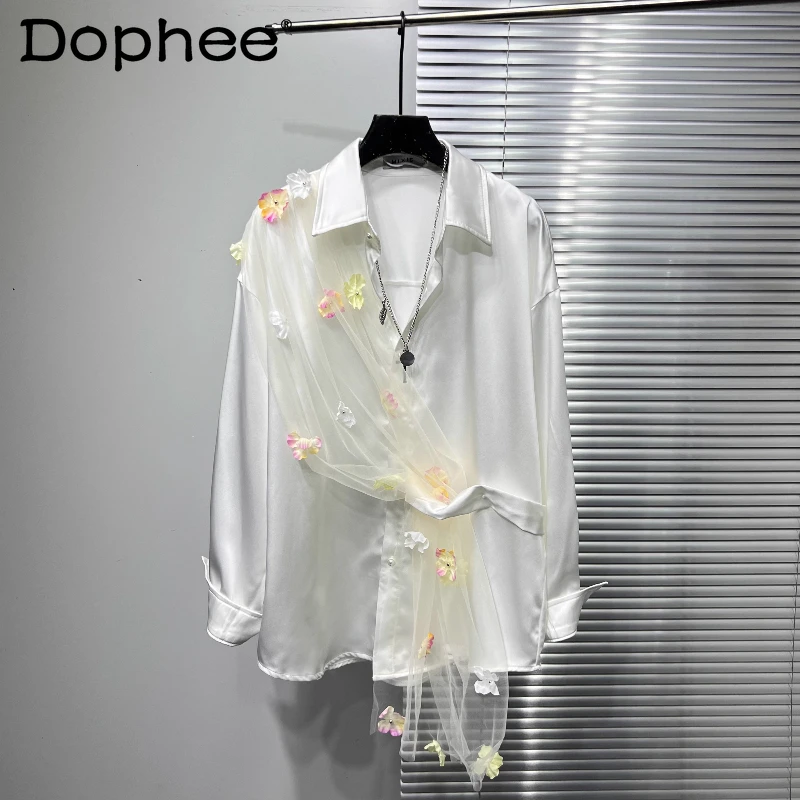 

Мужские осенние новые модные топы 2025 года, сетчатые марлевые элегантные рубашки с длинными рукавами и 3D цветами, модные шикарные мужские рубашки высокого класса