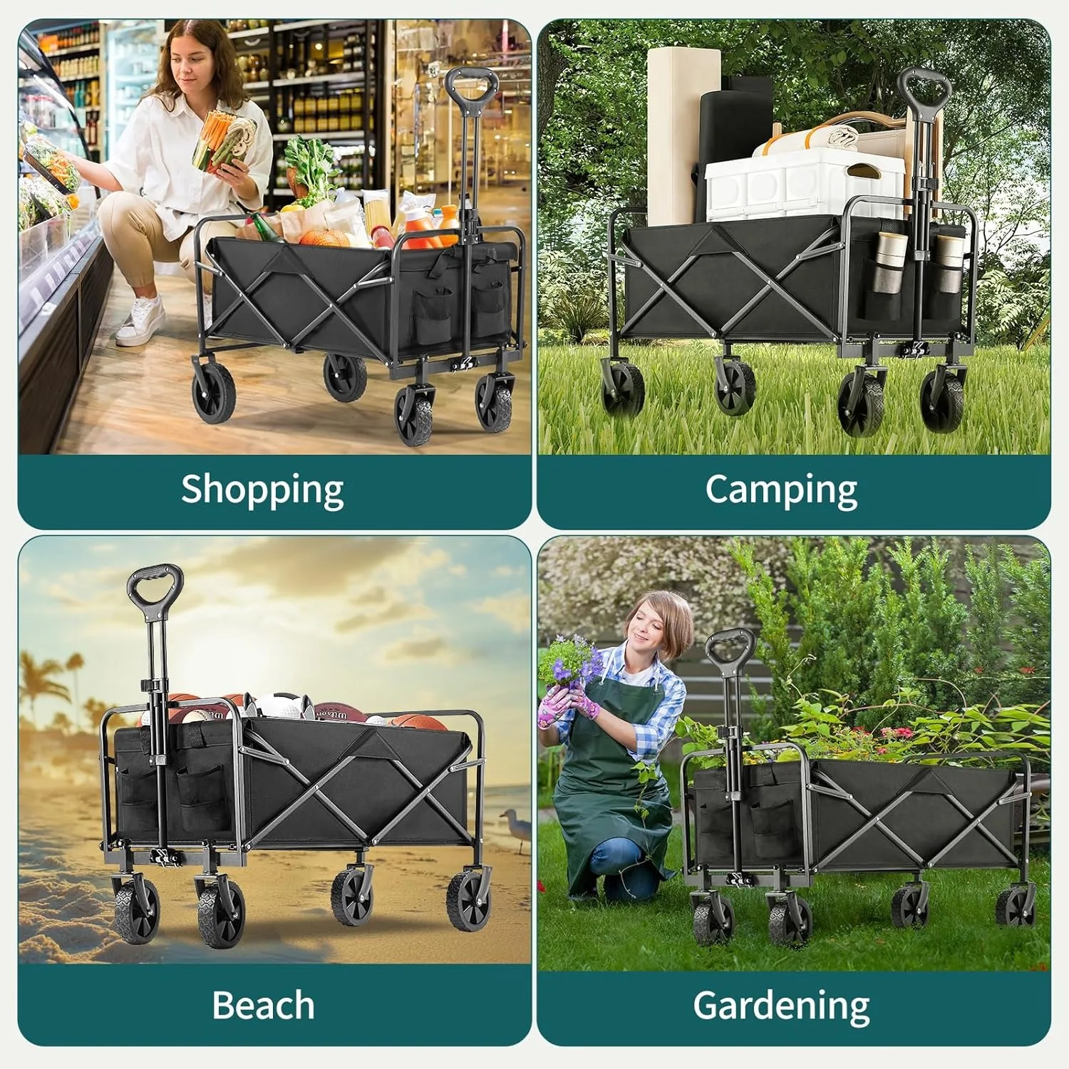 Heavy‑Duty Garden Wagon Cart Foldable Utility Trolley Large Capacity All‑Terrain Wear‑Resistant Wheels Sturdy Metal Frame Portable Multi‑Purpose Hauling Cart for Yard Lawn Plant Soil Tool Transport Outdoor Gardening Work