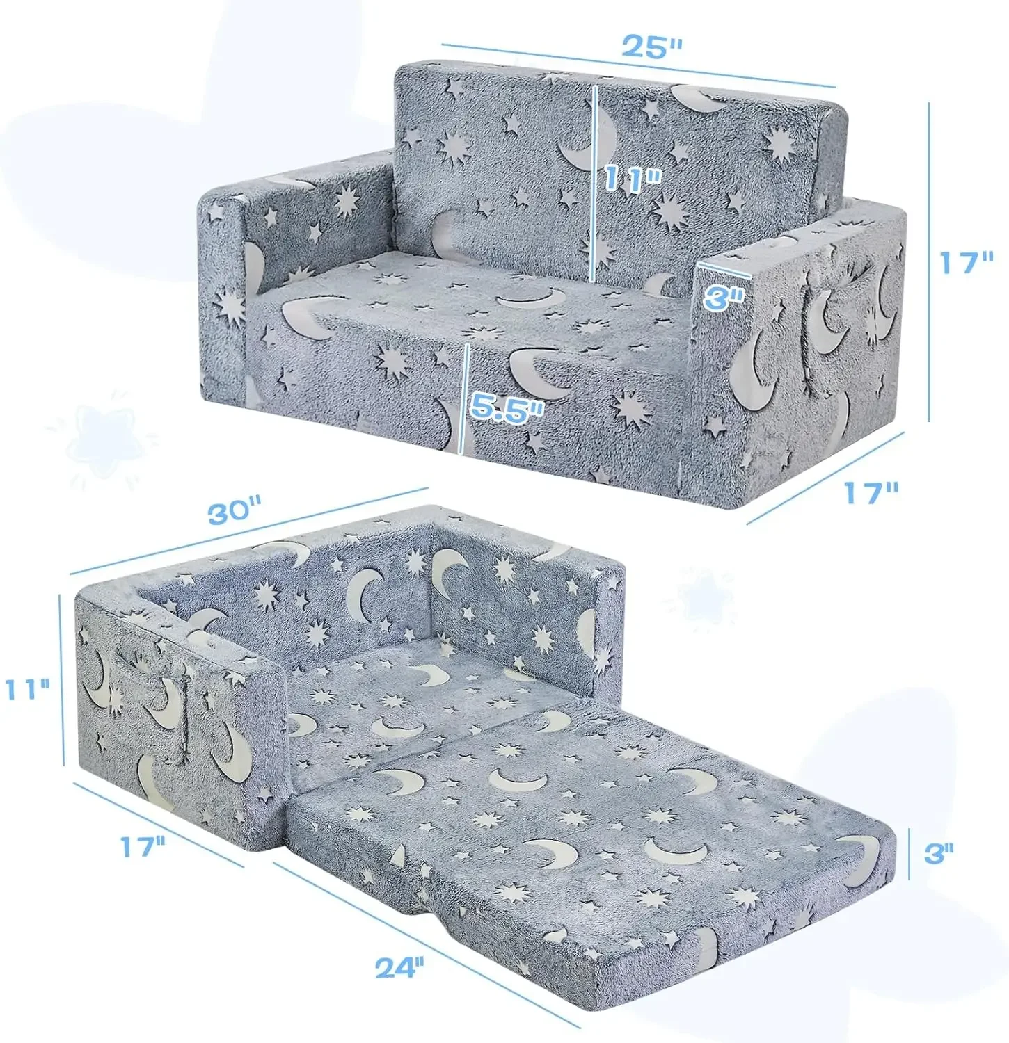 Couch, Toddler Chair Folding, Kids Couch 2 in 1, Kids Sofa for Playroom-Extra Soft 2 Seats, Glow in The Dark Open Couch,