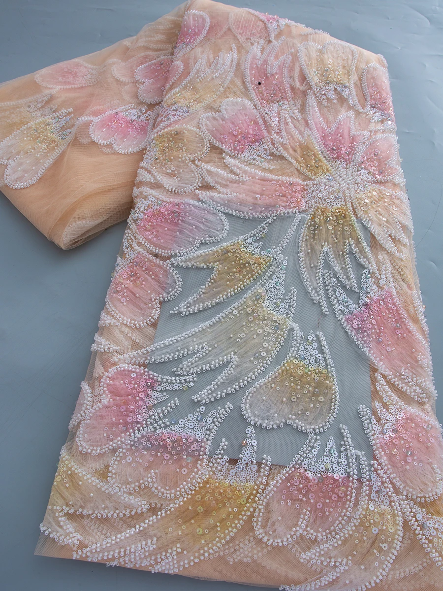 

Luxury Fabric 2026 New Designs Bridal French Lace Fabric Beaded African Tulle Lace Fabric 5Yards Net Lace Fabric for Dress 4790
