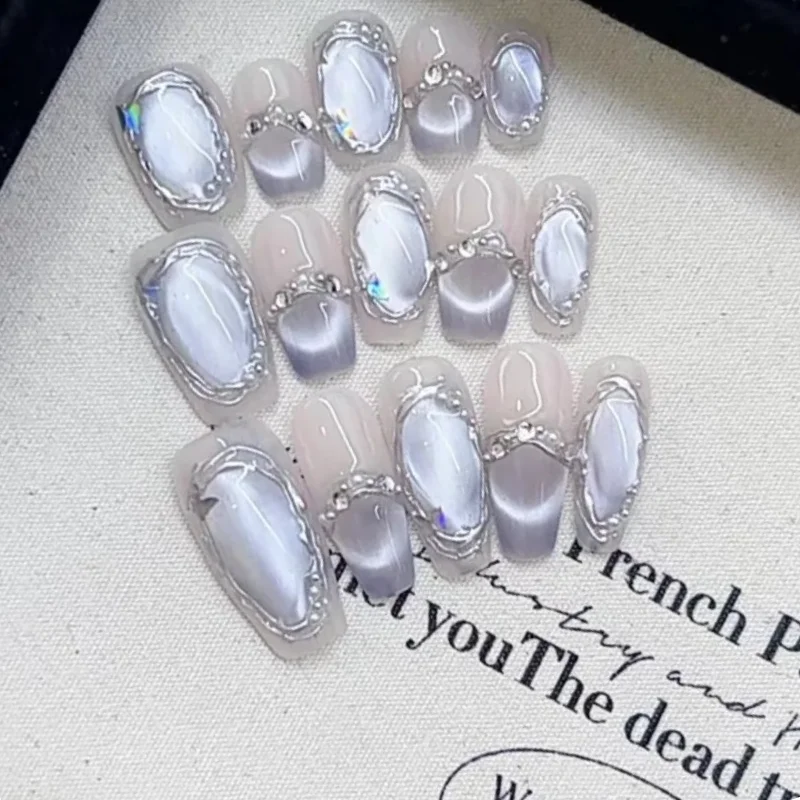 

Handmade 2025 Nail Art for Girls Blue False Nails To Stick Artificial Medium Short Fake Nail Press on Nails with Box and Tools