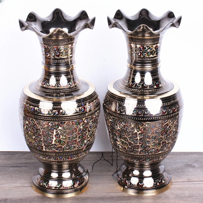 Handmade and exquisitely carved copper vessels with colored dots, vintage metal vases, Chinese style home decoration