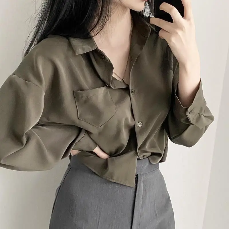 Casual Shirts and Blouses Korea Turn Down Collar Long Sleeve Top Women 2024 Autumn Fashion Blouse Solid Pocket Ladies Clothes