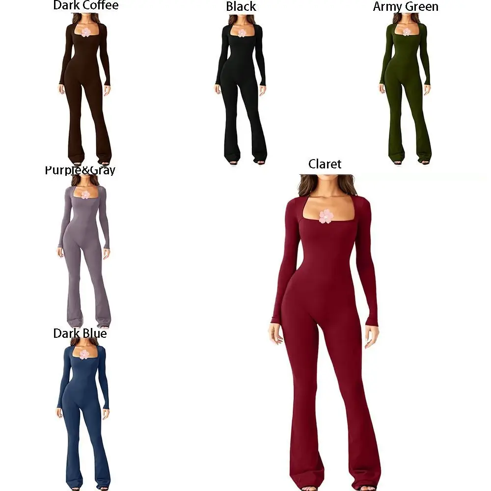 Square-neck Wide Leg Pants Jumpsuit High-elastic Long Sleeve Square-neck Neckline Jumpsuit Wide Leg Slim Fit