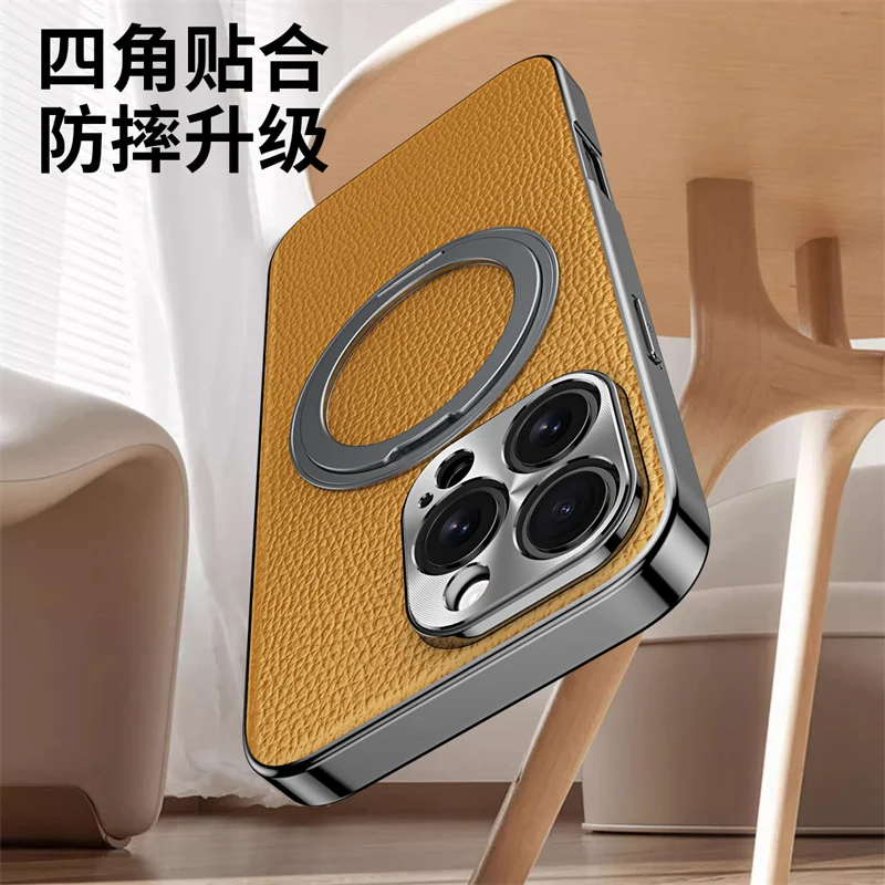 360 Rotation Bracket Electroplated Cowhide Leather Case For iPhone 14 15 16 Pro Max Metal Len Magnetic Ring Holder Protect Cover