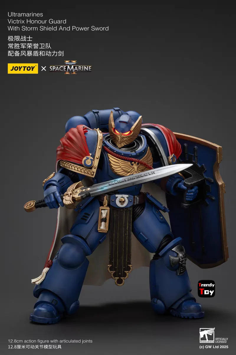 【JOYTOY】วอร์แฮมเมอร์ 40K อัลตรามารีนส์ วิคทริกซ์ ฮอร์นอร์ การ์ด พร้อมโล่พายุและดาบพลัง 1/18 โมเดลฟิกเกอร์ของเล่น