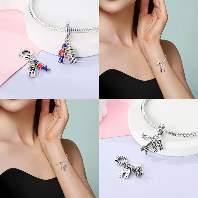 World Landmark Beads Original 925 Sterling Silver Beads Fit Bracelets Bag Keychain Charms Diy Women Gift Accessory Shiny Travel view 2