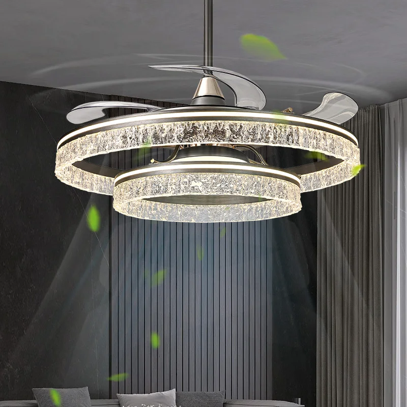 

LED ceiling fan with 5 blades High-end integrated LED invisible ice crack effect fan, suitable for living room and dining room