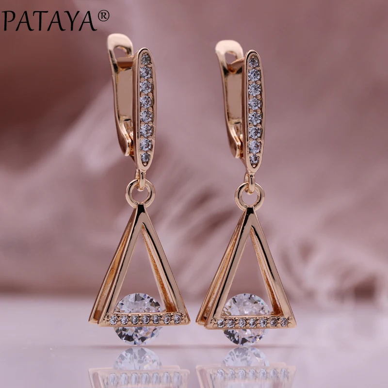 PATAYA New 585 Rose Gold Color Long Pendant Earrings For Women Micro Wax Mosaic Natural Zircon Daily Simple Fashion Jewelry 2022