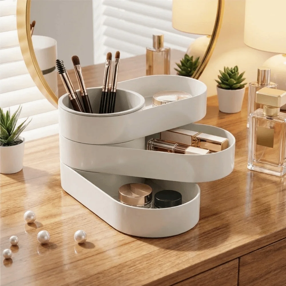 360° Rotating Multi-Layer Storage Box Minimalist Large Capacity Jewelry Storage Box Plastic Makeup Brush Storage Bucket Bedroom
