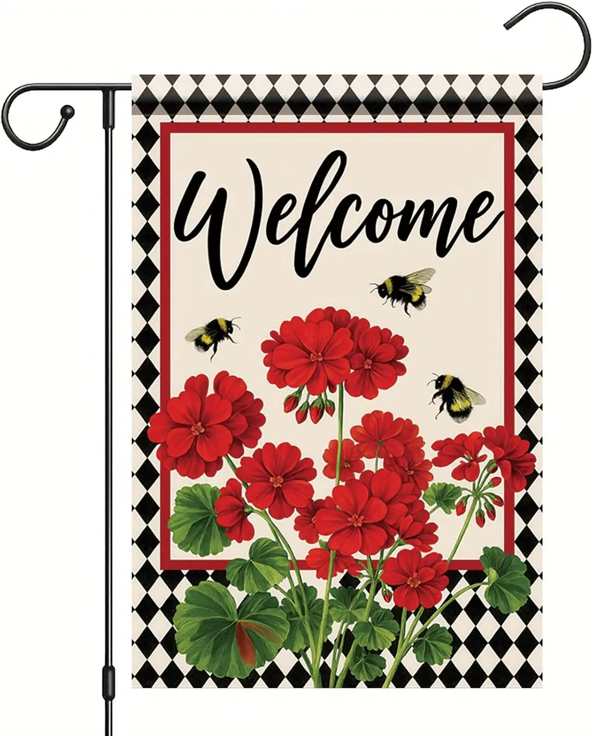 Spring Summer Geranium Welcome Garden Flag 12 x 18 Inch Double Sided Summer Bee Red Floral Buffalo Plaid Small Yard Flag Hou llp