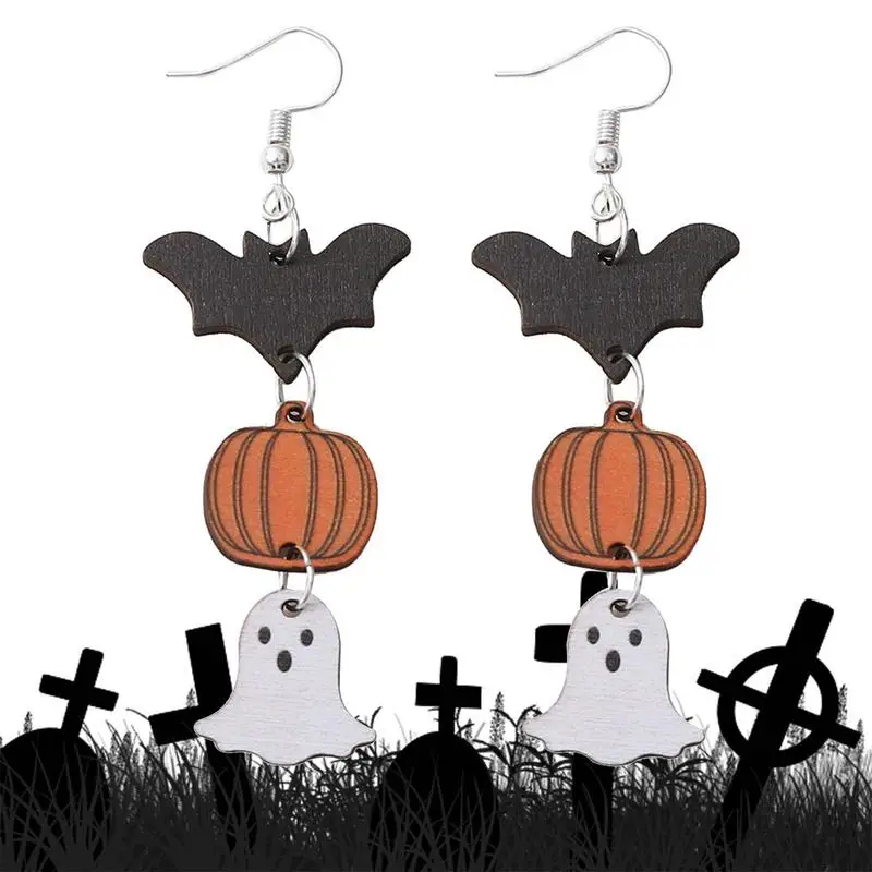 Cute Halloween Earrings Lightweight Ghost Earrings Wooden Ghost Pumpkin Bat Halloween Dangle Earrings Halloween Theme Earrings