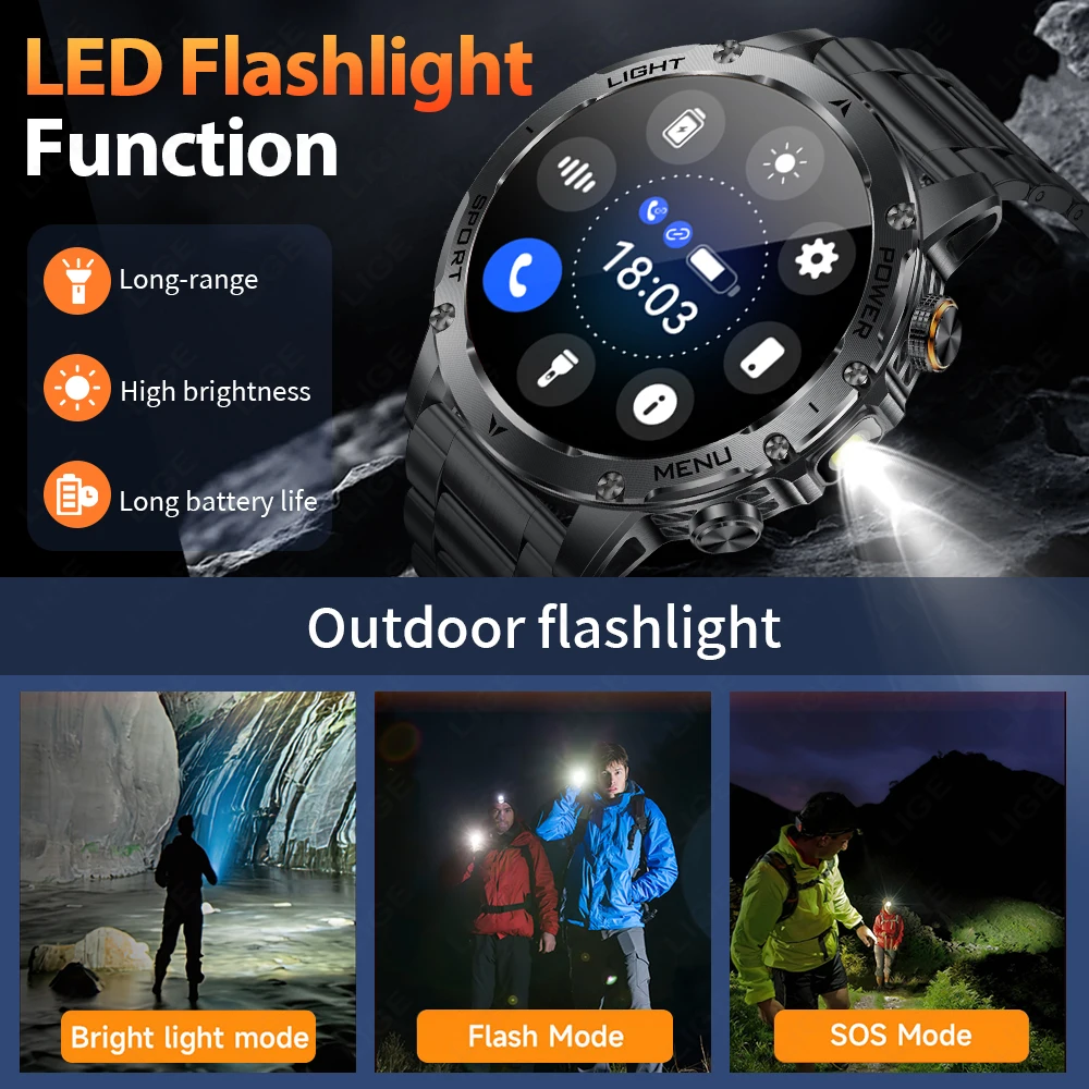 LIGE Neue 1000 mAh Große Kapazität Batterie Smartwatch Männer Outdoor Taschenlampe Bluetooth Anruf IP68 Wasserdichte Sport Fitness Uhren